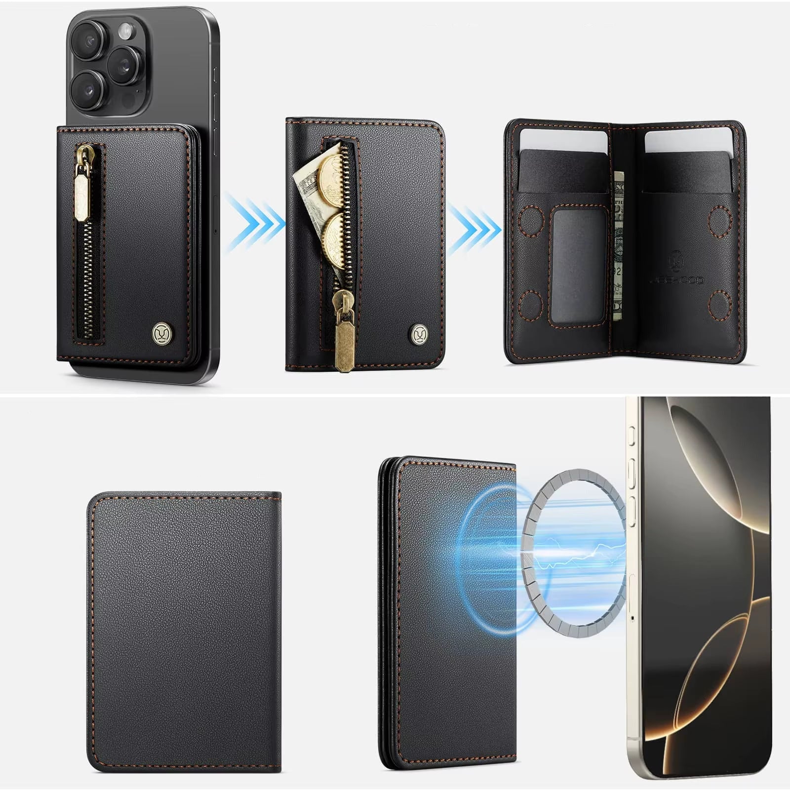 Portefeuille Porte-Carte Magnétique Pour Téléphones Et Étuis Magnétiques Pour Iphone 17/16/15/14/13/12 Pro/Max, Poche À Fermeture Éclair Bloquant RFID À 4 Emplacements