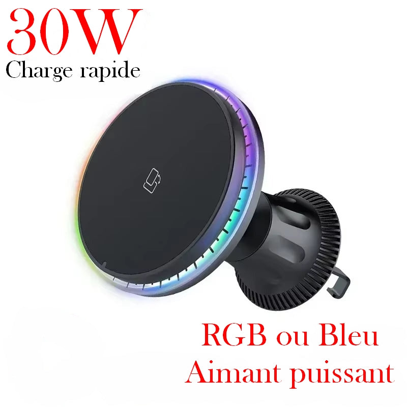 Chargeur Magnétique Sans Fil Pour Voiture, Support De Téléphone, Station De Charge Rapide, Support De Support, RVB, Iphone 12 13 14 15 Pro Max Macsafe, 30W
