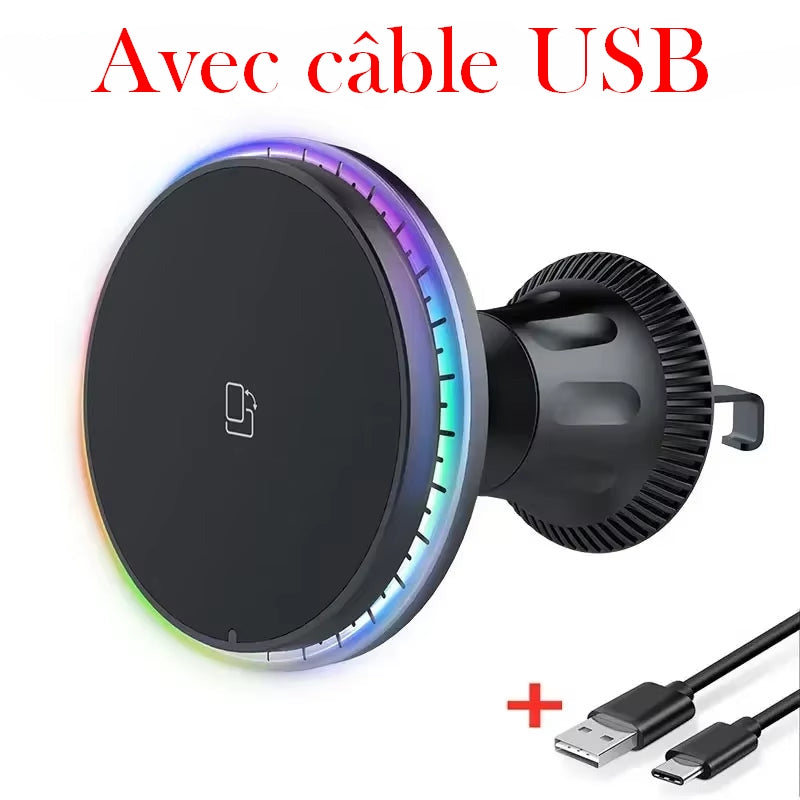 Chargeur Magnétique Sans Fil Pour Voiture, Support De Téléphone, Station De Charge Rapide, Support De Support, RVB, Iphone 12 13 14 15 Pro Max Macsafe, 30W