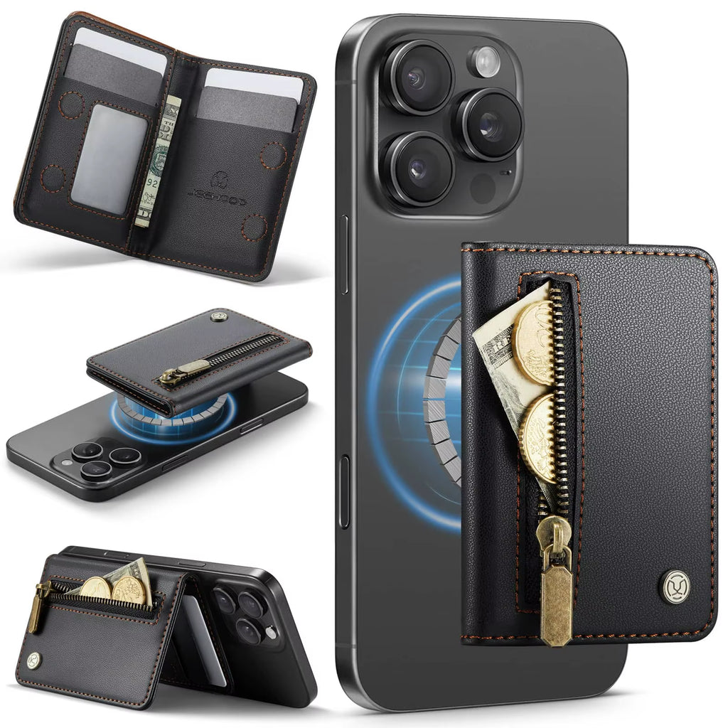 Portefeuille Porte-Carte Magnétique Pour Téléphones Et Étuis Magnétiques Pour Iphone 17/16/15/14/13/12 Pro/Max, Poche À Fermeture Éclair Bloquant RFID À 4 Emplacements